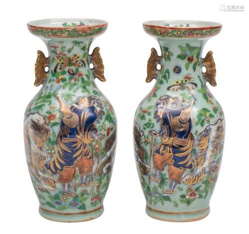 A pair of Canton baluster vases each moulded in low relief w...