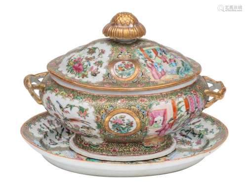 A large Canton oval tureen, cover and stand with large gilt ...