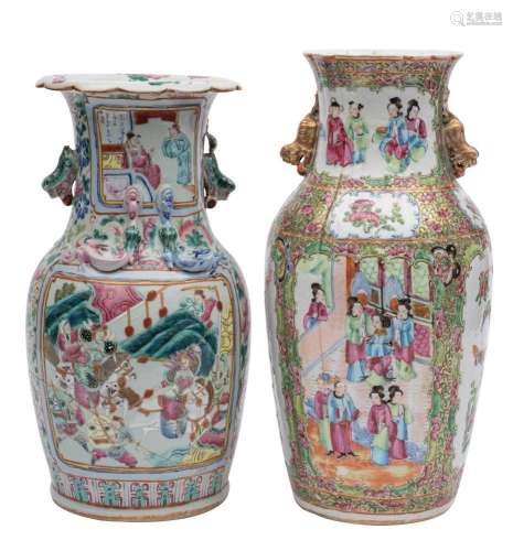 A Canton baluster vase and one similar with pleated rim, Qin...