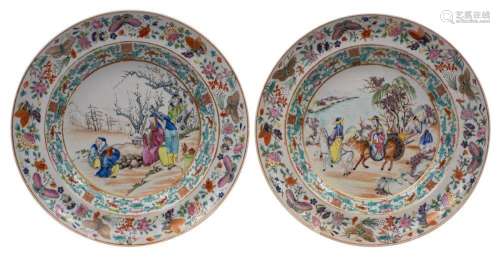 A pair of Canton plates finely enamelled, one with a scholar...