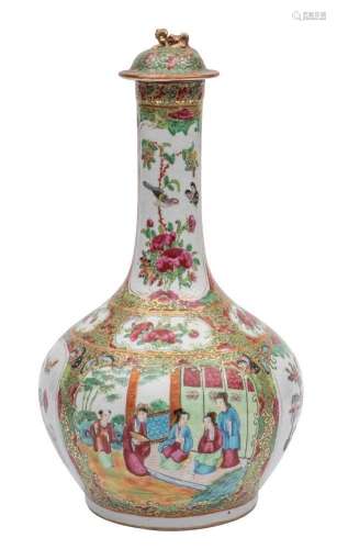 A Canton bottle vase and cover with globular body and long t...