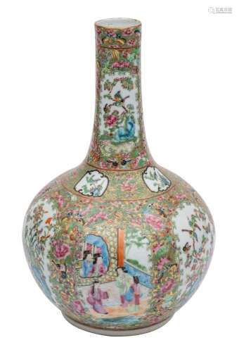 A large Canton bottle vase with globular body and long taper...