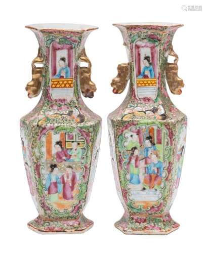 A pair of Canton hexagonal-section baluster vases with gilt ...