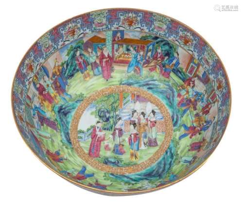 A large Canton punch bowl richly enamelled overall with elab...