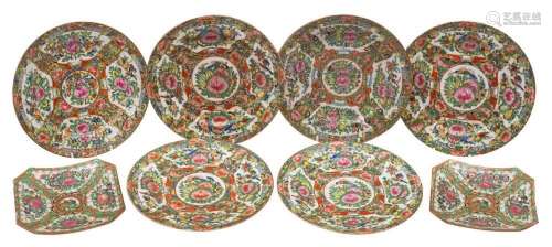 A set of six Canton plates and a pair of square-section dish...