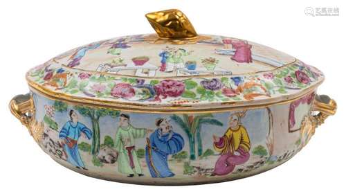 A Canton tureen and cover of oval compressed form with gilt ...