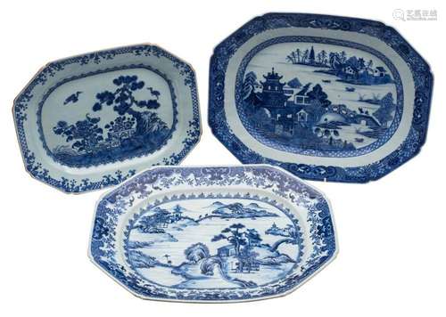 A group of three Chinese blue and white octagonal dishes pai...