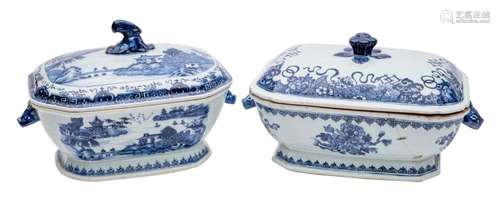 Two Chinese blue and white octagonal tureens and covers with...