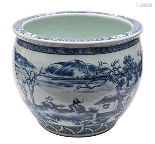 A large Chinese blue and white jardiniere/fish bowl painted ...