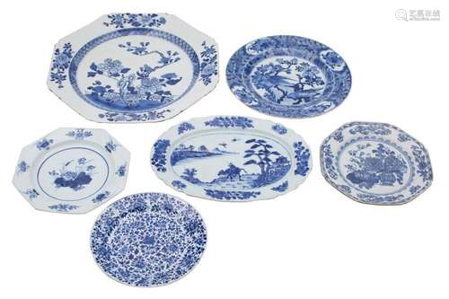 A group of six Chinese blue and white dishes, Qing Dynasty c...