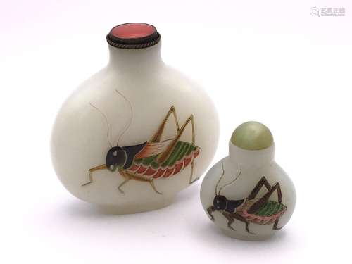 2 Milk glass snuff bottles both with hand painted