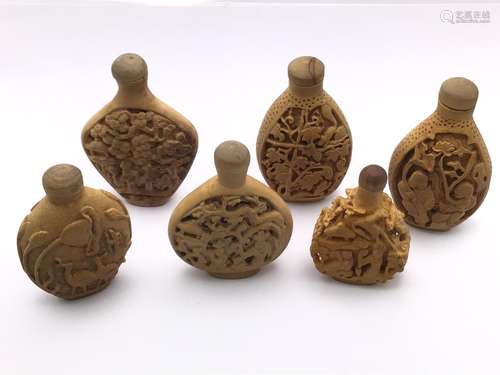 A selection (6) of boxwood carved snuff bottles, v