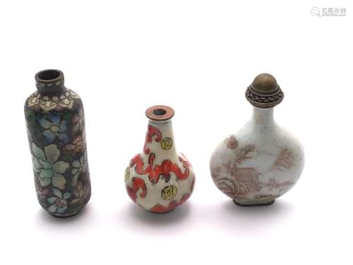 3 Chinese enamel on copper snuff bottles.