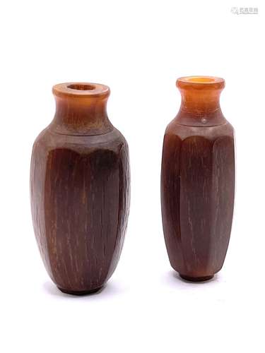 2 similar octagonal form carved horn snuff bottles