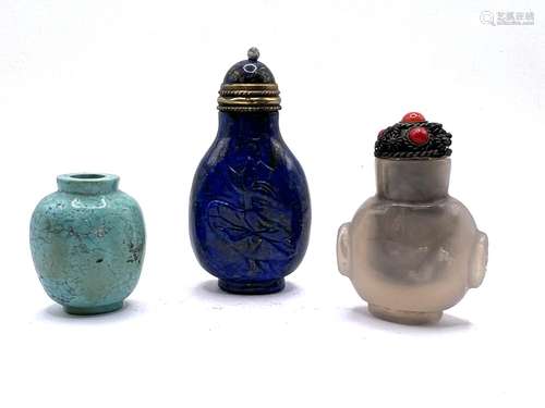 3 miniature snuff bottles to include a polished tu