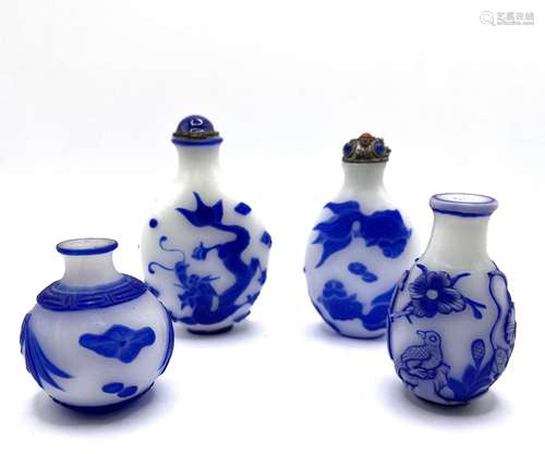 4 single layer milk glass cameo snuff bottles,