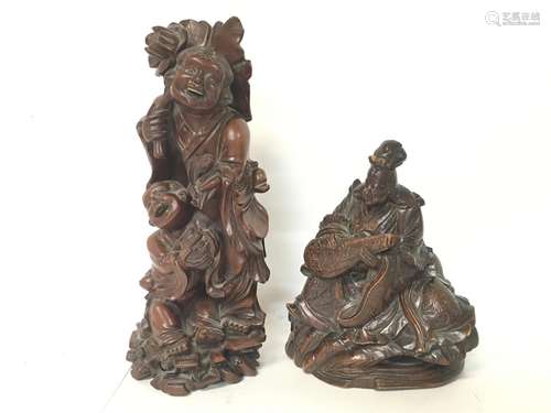 Chinese carved wood figures, 17 & 25cm tall (C) NO