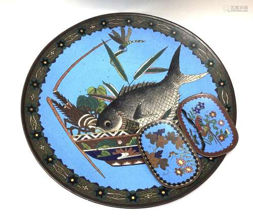 A large cloisonne enamel wall charge, 36cm, togeth