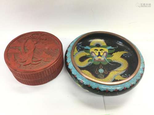 A cinnabar jar and cover and a Cloisonne dish, app