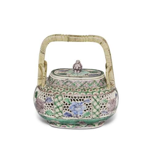 A Reticulated Chinese Famille-Verte Biscuit Basket and Cover...