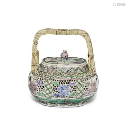 A Reticulated Chinese Famille-Verte Biscuit Basket and Cover...