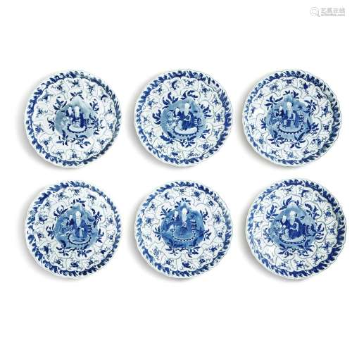 Six Chinese Blue and White 'Shoulao' Lobed Dishes, Q...