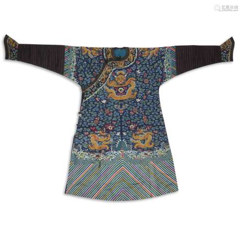 A Chinese Blue-Ground Silk Embroidered 'Dragon' Robe...