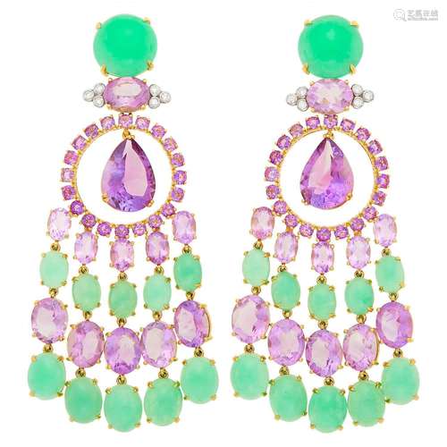 Pair of Gold, Amethyst, Green Chrysoprase and Diamond Chande...