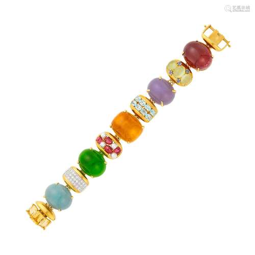 Gold, Colored Stone, Cultured Pearl and Diamond Bracelet