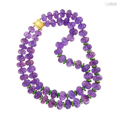 David Webb Double Strand Fluted Amethyst Bead and Green Enam...