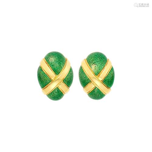 David Webb Pair of Gold and Green Enamel Earclips