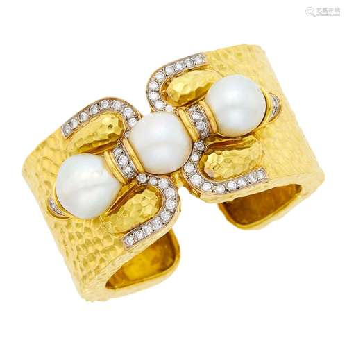 Hammered Gold, Semi-Baroque South Sea Cultured Pearl and Dia...