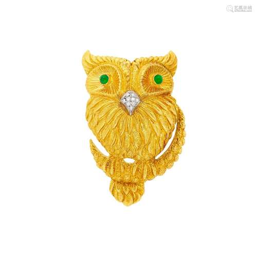 Cartier Two-Color Gold, Cabochon Emerald and Diamond Owl Bro...