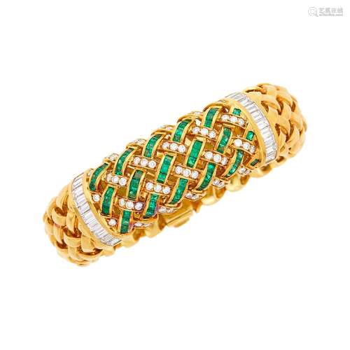 Tiffany & Co. Gold, Emerald and Diamond Basketweave Brac...