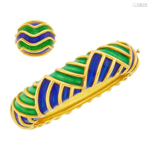 Tiffany & Co. Gold, Green and Blue Enamel Bangle Bracele...