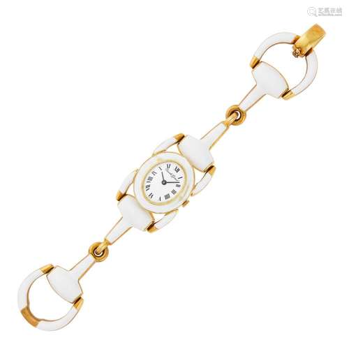 Bueche Girod Gold and White Enamel Stirrup Link Wristwatch