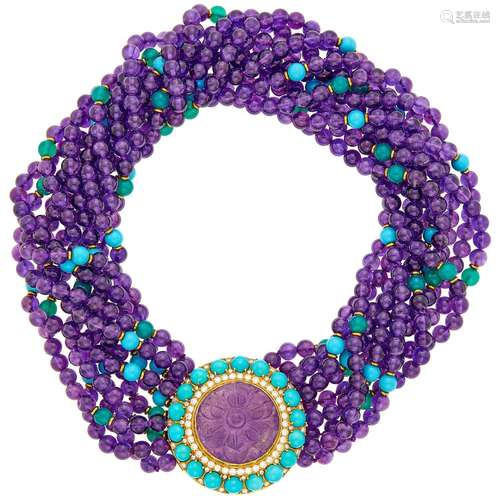 Ten Strand Amethyst, Turquoise and Green Onyx Bead, Carved A...