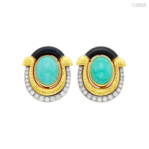 David Webb Pair of Hammered Gold, Platinum, Turquoise, Diamo...