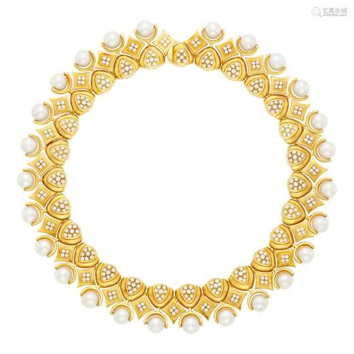 Gold, Diamond and Cultured Pearl Necklace