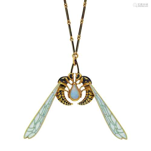 René Lalique Art Nouveau Gold, Opal, Plique-à-Jour Enamel an...