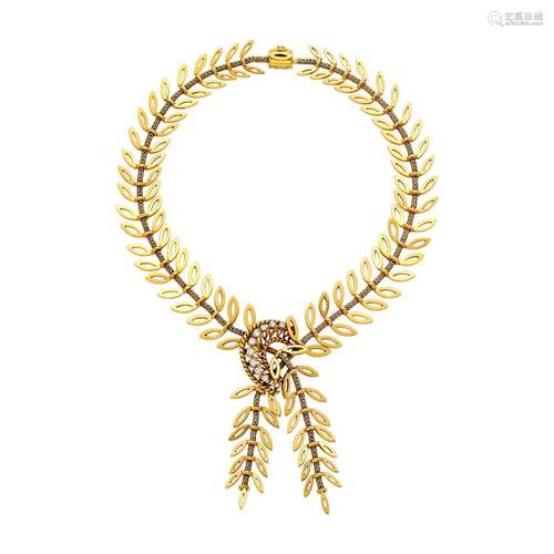 Gold and Diamond Leaf Necklace, France