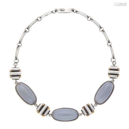 Jean Després Silver, Gold and Gray Chalcedony Necklace, Fran...