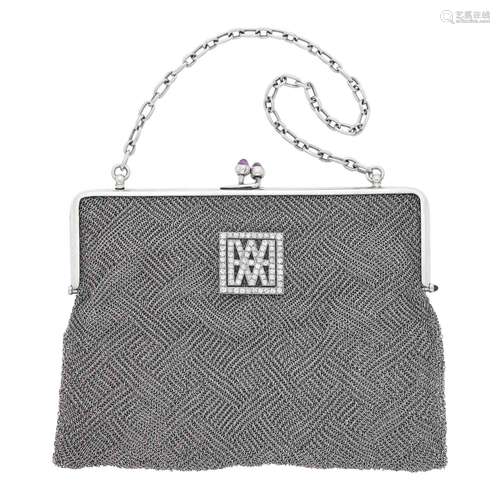 Platinum, Diamond and Cabochon Amethyst Mesh Purse