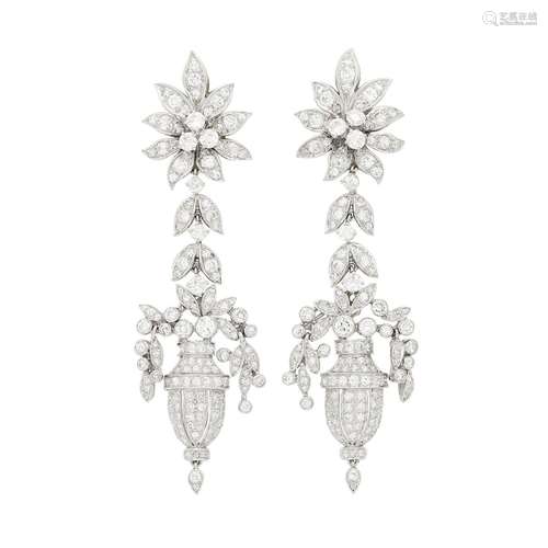 Pair of Platinum and Diamond Pendant-Earrings