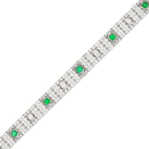 Platinum, Diamond and Emerald Bracelet