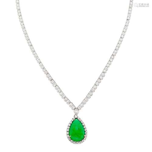 Platinum, Diamond and Cabochon Emerald Pendant-Necklace