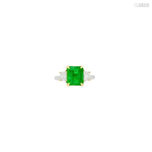 Two-Color Gold, Emerald and Diamond Ring