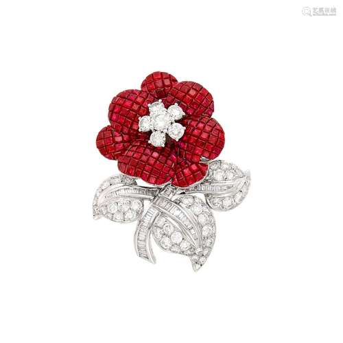 White Gold, Invisibly-Set Ruby and Diamond Flower Clip-Brooc...