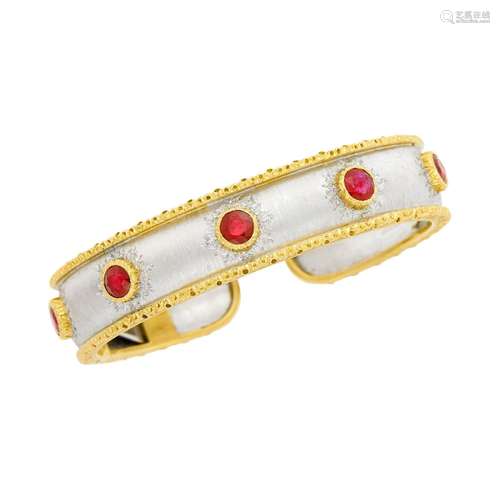 Mario Buccellati Two-Color Gold and Ruby Bangle Bracelet