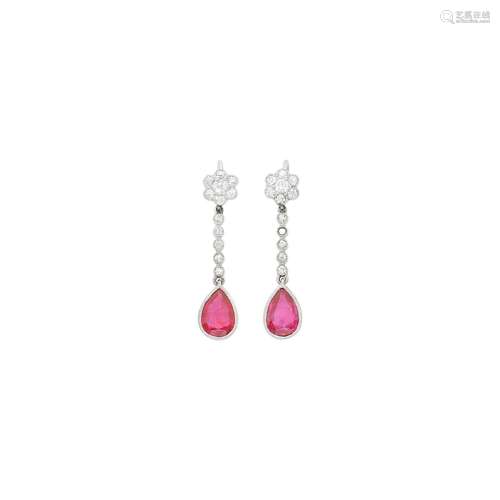 Pair of Platinum, Ruby and Diamond Pendant-Earrings